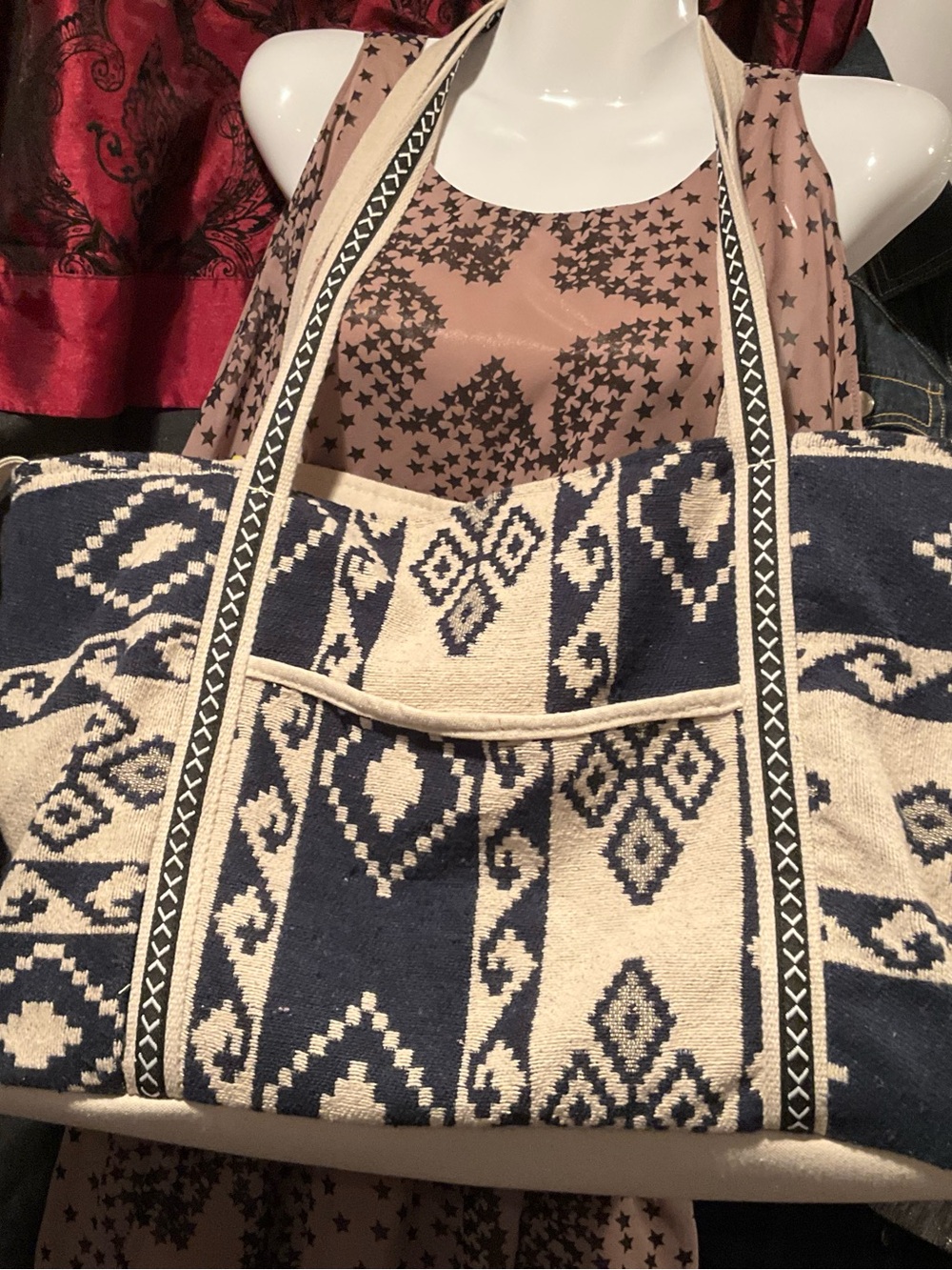 Navy and Cream Aztec Canvas Tote Bag